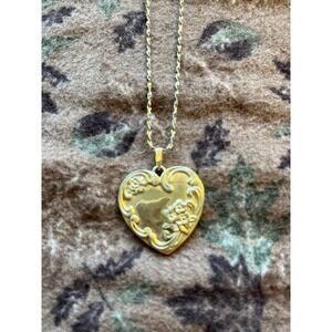 Gold Tone Heart Locket Necklace Floral Love Script Pendant